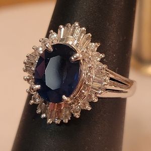 💎GORGEOUS Genuine Dark Sapphire w/Baguette Diamond Halo Ring!💎
